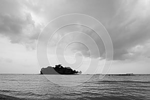 Silhouette of tree and island on the seascape in black and white.