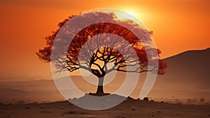 Silhouette of a tree without leaves against the sunset, creating a feeling of autumn melancholy and tranquility