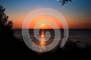 Silhouette tree with sea sunset background.