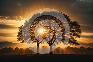 Silhouette of a tree with sun rays in the background. ai generative