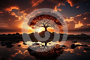 Silhouette of a tree with sun rays in the background