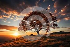 Silhouette of a tree with sun rays in the background