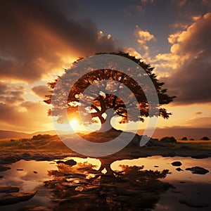 Silhouette of a tree with sun rays in the background