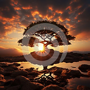 Silhouette of a tree with sun rays in the background