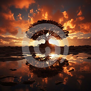 Silhouette of a tree with sun rays in the background