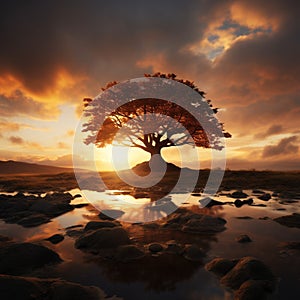 Silhouette of a tree with sun rays in the background