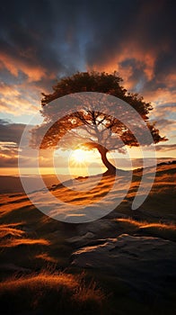 Silhouette of a tree with sun rays in the background