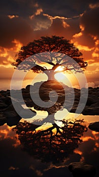 Silhouette of a tree with sun rays in the background