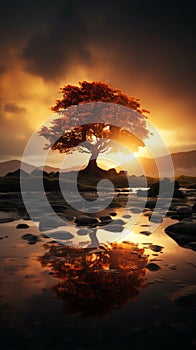 Silhouette of a tree with sun rays in the background