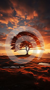 Silhouette of a tree with sun rays in the background