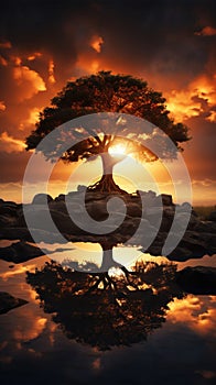 Silhouette of a tree with sun rays in the background