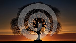 a silhouette of a tree with the sun setting in the background. generative ai