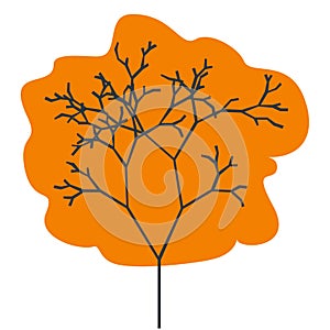 The silhouette of a tree with a trunk and branches with abstract leaves. Color vector icon.