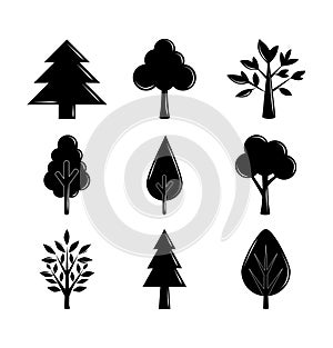 Silhouette trees branch nature ecology set icons