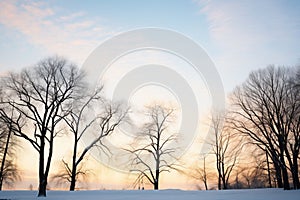 silhouette of trees at dawn with snow