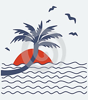 The silhouette of tropical palm trees against the background of the sun and ocean waves. Vector illustration on the theme of