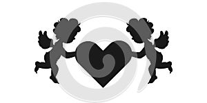 Silhouette of two amour cupid babies, symbol ancient mythology angle holding heart isolated on white background