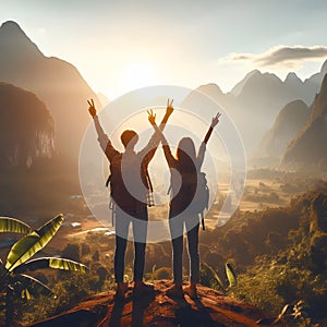 Silhouette of two backpackers raising their hands up in the mountains