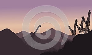 Silhouette of two brachiosaurus in fields