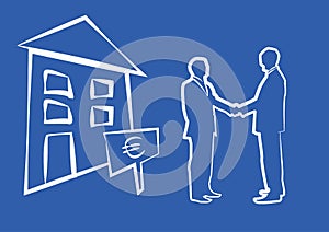 Silhouette of two businessmen shaking hands in front of house