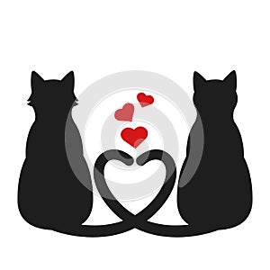 Silhouette of two cats with heart tails.