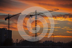 Silhouette of two construction cranes in front of sunset