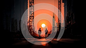 Two construction workers silhouette in urban development site at sunset