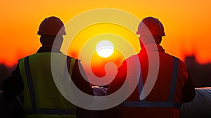 Silhouette of Two Construction Workers at Sunset