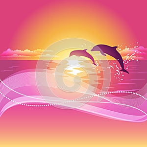 Silhouette of two dolphins at sunset. Abstract background with space for your text. Eps10