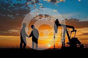 Silhouette of two engineers handshaking in front of oil pump. Generative AI