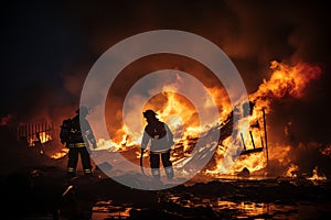 Silhouette of two firemen fighting a raging fire with huge flames of burning scrap