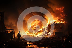 Silhouette of two firemen fighting a raging fire with huge flames of burning scrap