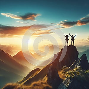 Silhouette of two hikers with arms raised celebrating success on mountain top in panoramic mountain