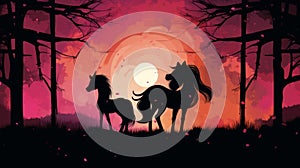 silhouette of two horses in the forest at sunset