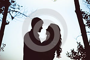 Silhouette of two lovers embracing in the forest.