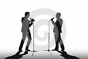 Silhouette of a two male vocalists singing with microphones