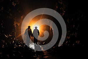 Silhouette of two men walking in the dark underground tunnel, Silhouette of Miners with headlamps entering underground coal mine,