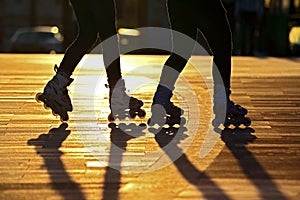 Silhouette of two pairs of legs on roller skates