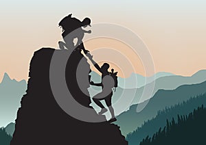 Silhouette of two people climbing mountain helping each other on rocky mountains background, helping hand and assistance concept