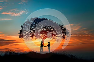 Silhouette of two people holding hands under an oak tree against sunset sky background. Ai generated