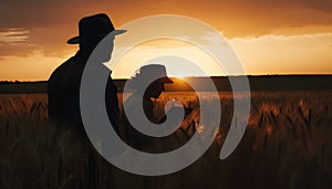 silhouette of two people looking at a tablet in a field of wheat at sunset, Generative AI