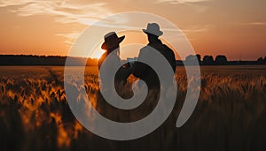 silhouette of two people looking at a tablet in a field of wheat at sunset, Generative AI