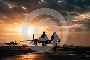 Silhouette of two soldiers and airplane on the runway at sunset, Military pilots are walking on a takeoff ground, AI Generated