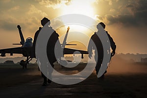 Silhouette of two soldiers standing on the runway at sunset. Military pilots are walking on a takeoff ground, AI Generated