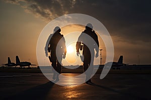 Silhouette of two soldiers walking on the runway at sunset. Military soldiers standing on a beautiful sunset, AI Generated