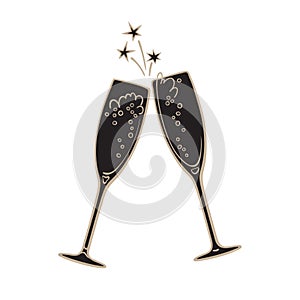Silhouette of two sparkling glasses of champagne or wine. Retro style vector illustration