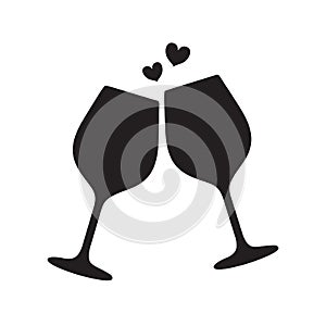 Silhouette of two sparkling glasses of wine or champagne with hearts between them. Cheers icon. Vector illustration