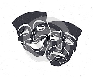Silhouette of two theatrical comedy and drama mask. Vector illustration. Bipolar disorder symbol. Positive and negative emotion.