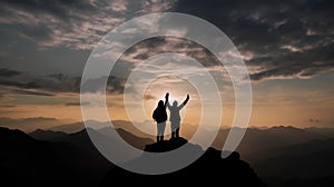 Silhouette of two travelers or hikers standing together on the top of mountain with a dusk sky and enjoys the moment of successful