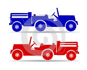 Silhouette of two trucks red and blue, retro car with trailer,
